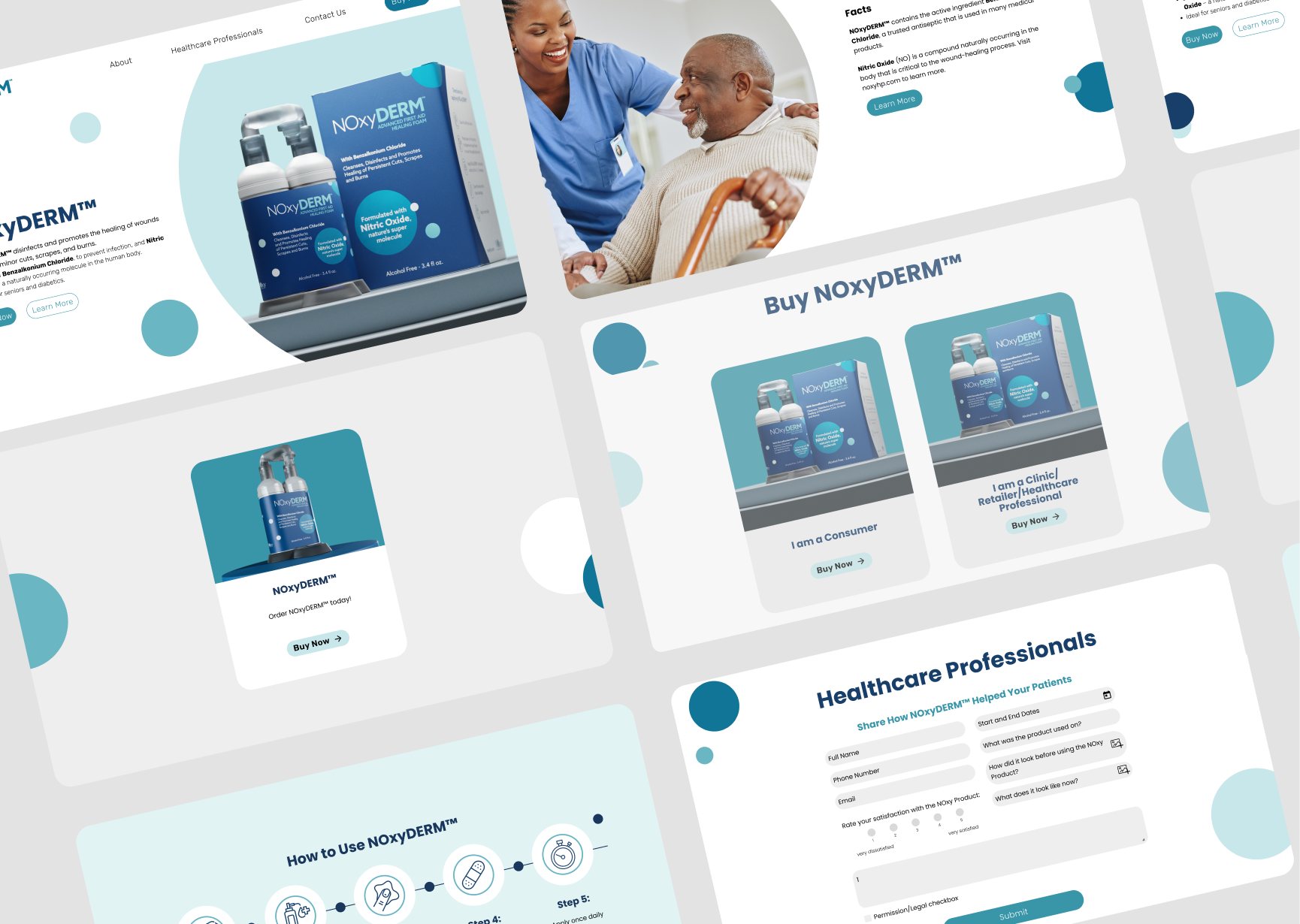 Page designs from the NOxyDERM e-commerce site laid out as angled panels.
