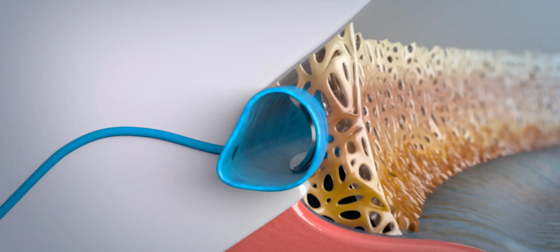 3D medical animation still showing a netarsudil molecule at the trabecular meshwork