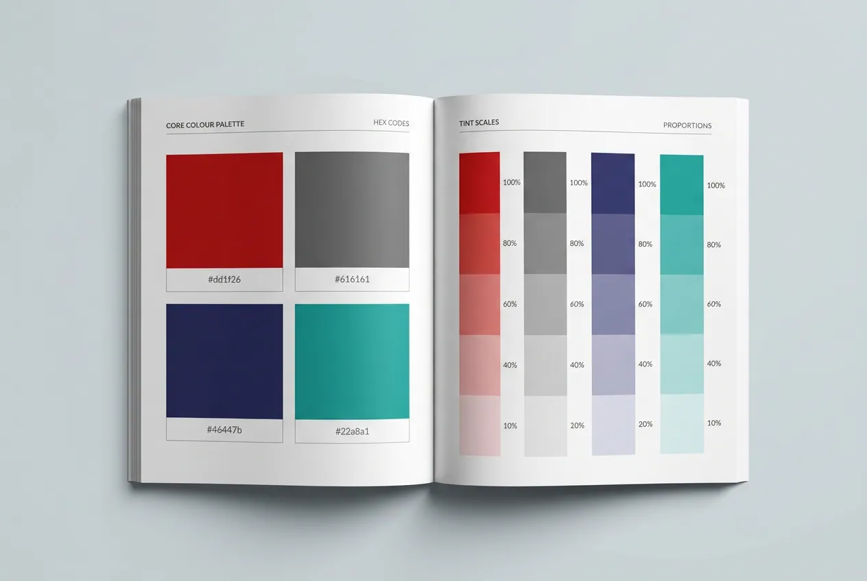 CCON colour palette and tint scales in a printed brand guide.
