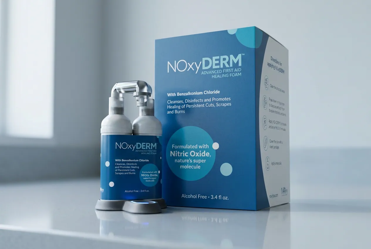 NOxyDERM pack and bottle photographed on a clinical countertop.
