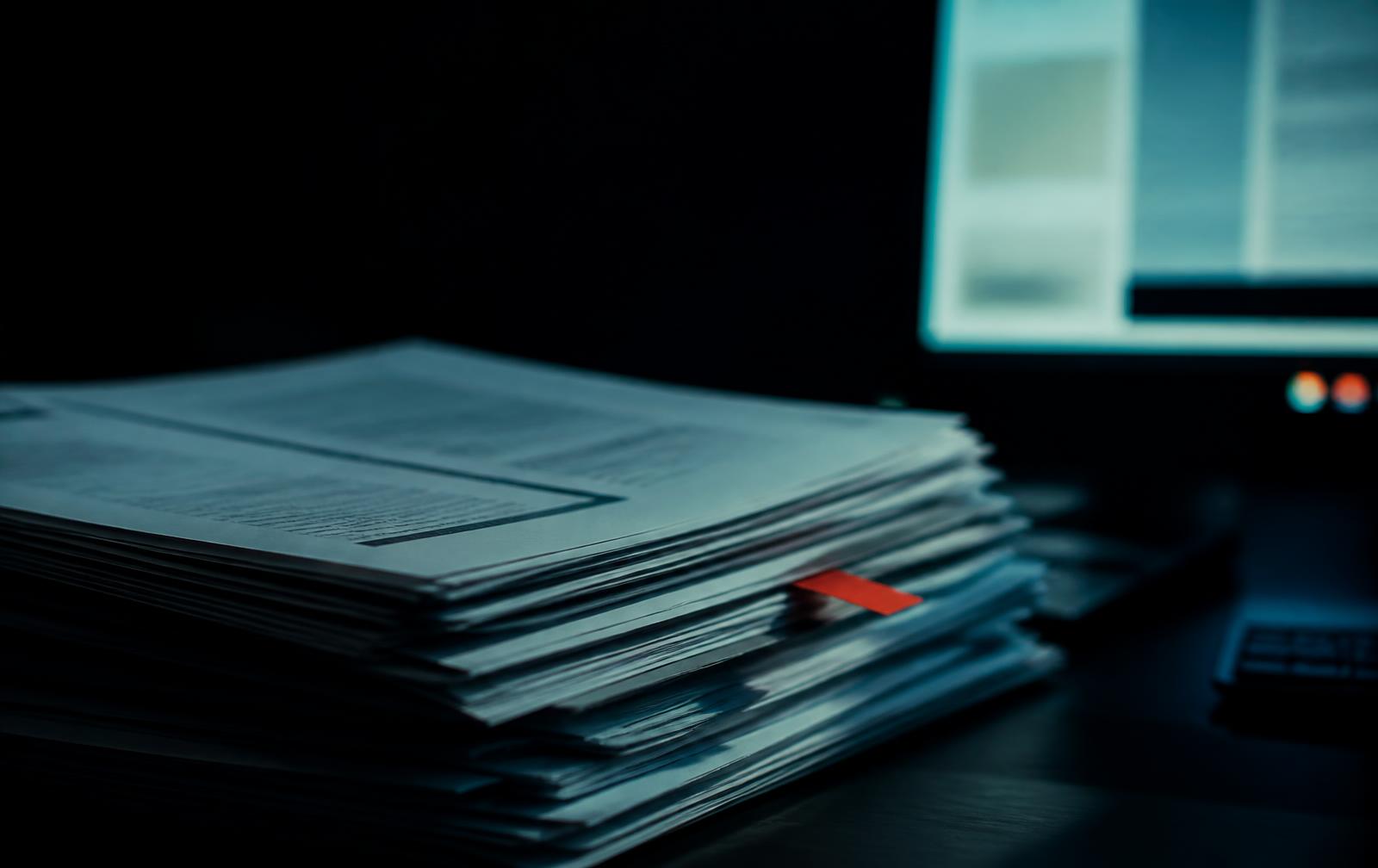A stack of printed regulatory documents with a single red tab, lit by a monitor