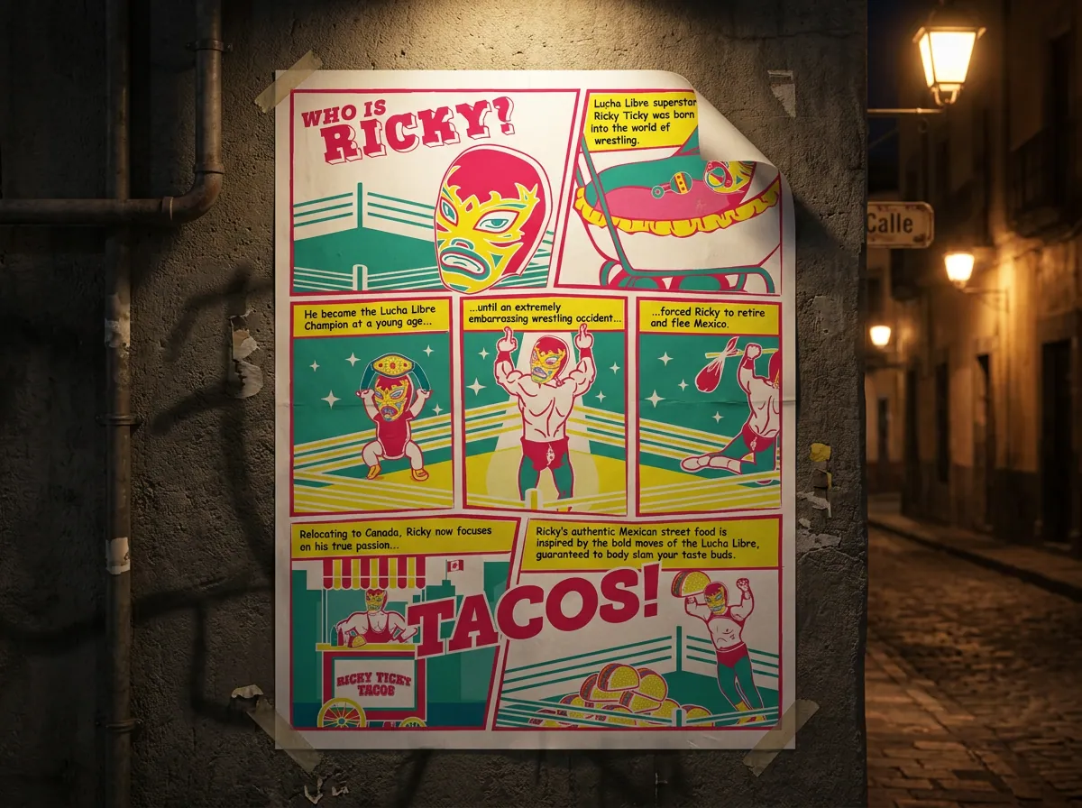 The Who is Ricky? comic strip printed as a street poster on a concrete wall at night.