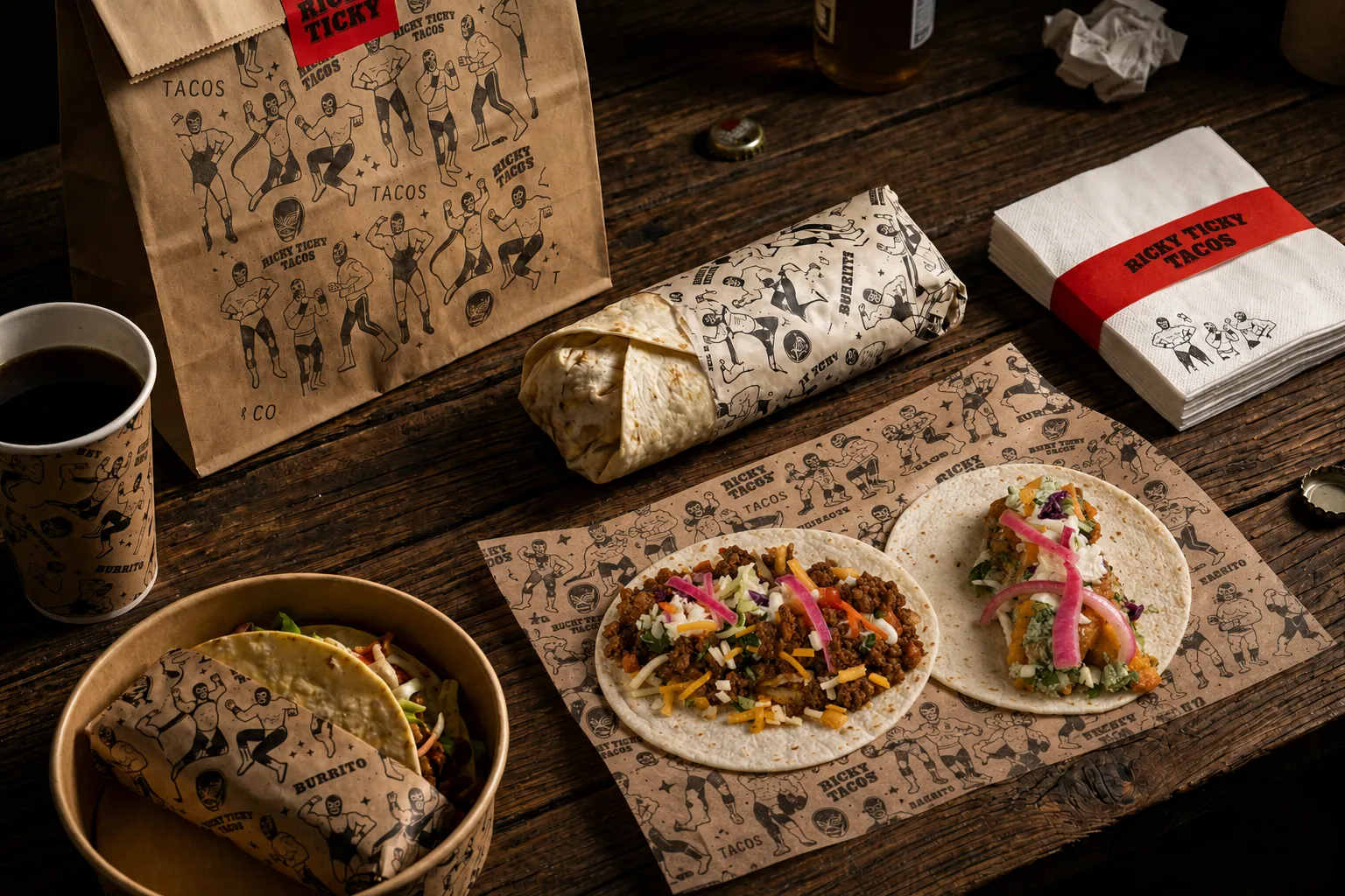 The full Ricky Ticky Tacos takeaway packaging set — wrap paper, kraft bag, cup, bowl and napkins — printed with the luchador pattern.