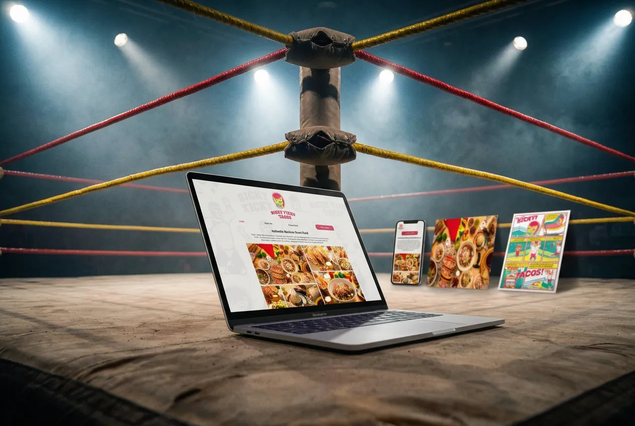 The Ricky Ticky Tacos website on a laptop and the mobile site on a phone, in the middle of a lucha libre wrestling ring with floating brand imagery.
