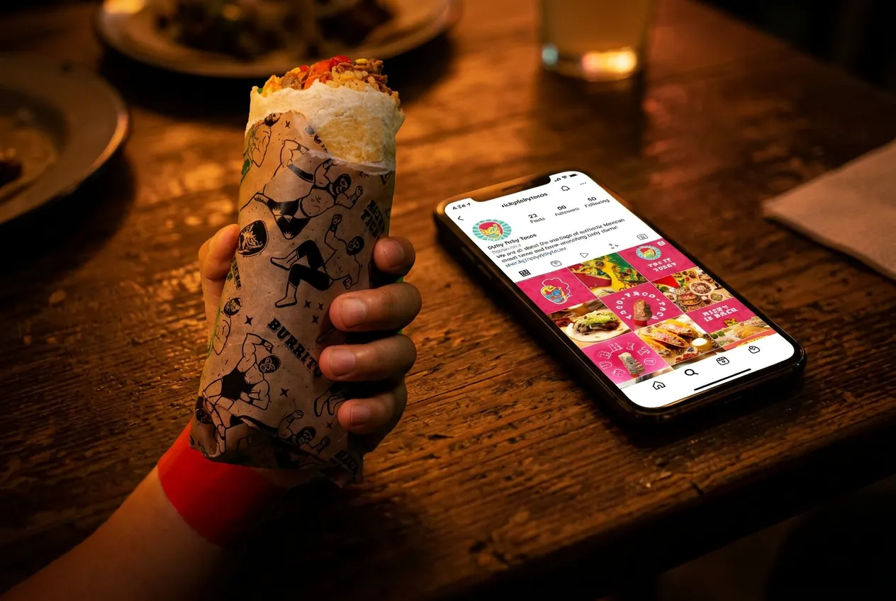 A burrito in branded Ricky Ticky wrap held over a warmly lit table beside the Ricky Ticky social feed on a phone.