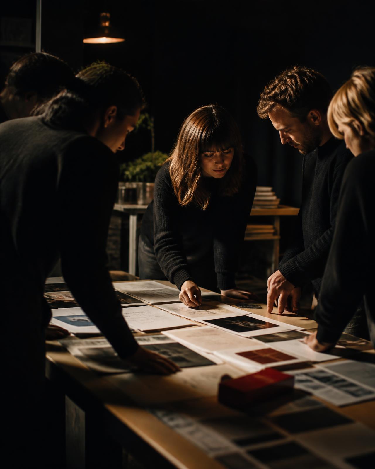 Designers reviewing printed layouts around a table in a dark studio