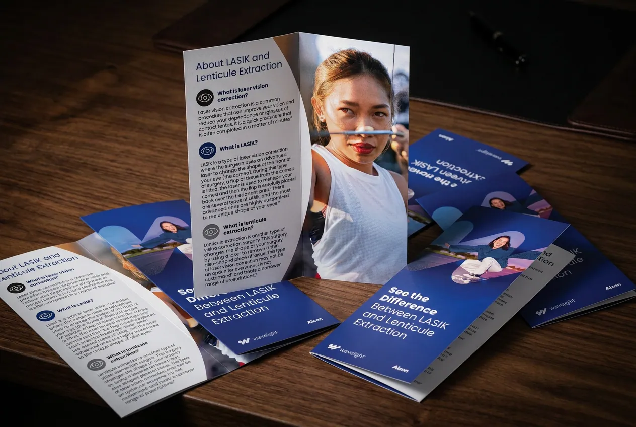 WaveLight brochures and sales aids laid out on a walnut desk.